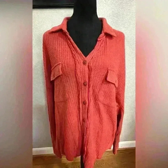 FRYE AND CO. Tops - Frye and Company Women’s Button Up Long Sleeve Waffle Knit Orange Shirt 1X NWT